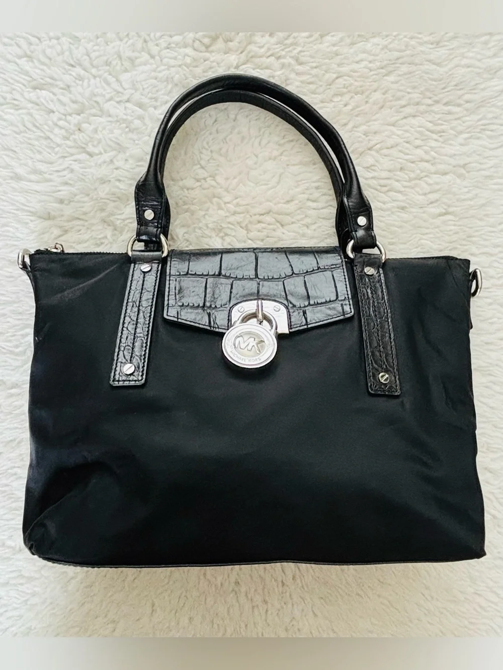 Michael Kors Black Tote with Croc-Trim Flap and Logo Lock
